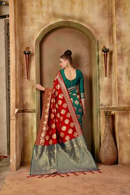 Red woven banarasi silk saree with blouse 3