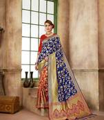 Blue woven banarasi silk saree with blouse