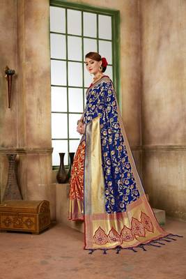 Blue woven banarasi silk saree with blouse 2
