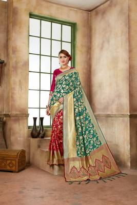Teal woven banarasi silk saree with blouse 1