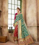 Teal woven banarasi silk saree with blouse