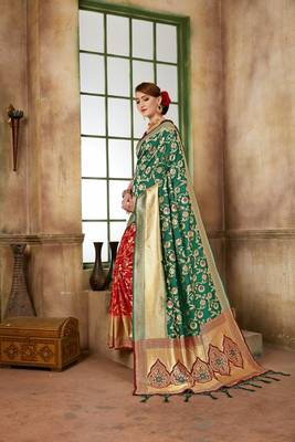 Teal woven banarasi silk saree with blouse 2