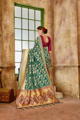 Teal woven banarasi silk saree with blouse 3