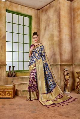 Blue woven banarasi silk saree with blouse 1