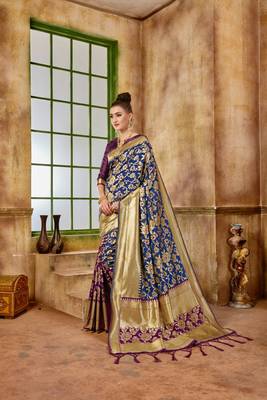 Blue woven banarasi silk saree with blouse 2