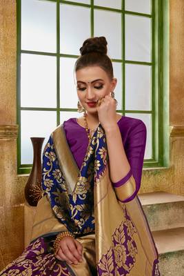 Blue woven banarasi silk saree with blouse 4