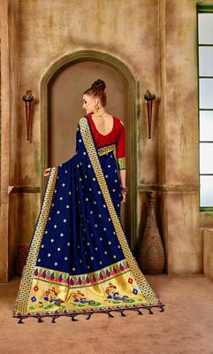 Blue woven banarasi silk saree with blouse 4