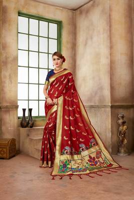 Red woven banarasi silk saree with blouse 1