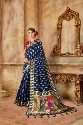 Blue woven banarasi silk saree with blouse 1