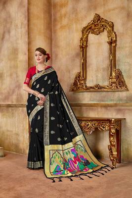 Black woven banarasi silk saree with blouse 1