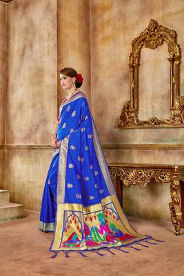 Blue woven banarasi silk saree with blouse 2