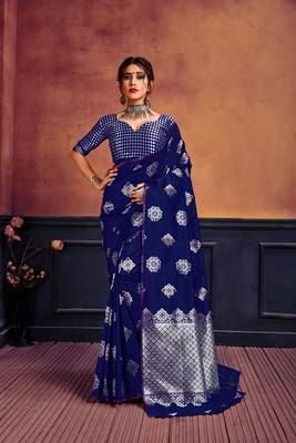 Blue woven banarasi silk saree with blouse 1