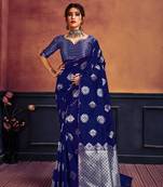 Blue woven banarasi silk saree with blouse