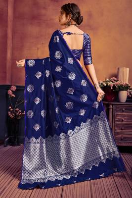 Blue woven banarasi silk saree with blouse 4