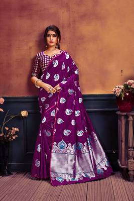 Purple woven banarasi silk saree with blouse 1