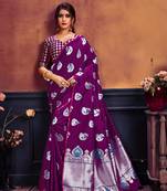 Purple woven banarasi silk saree with blouse