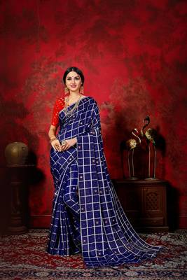 Navy blue woven silk blend saree with blouse 1