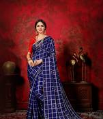 Navy blue woven silk blend saree with blouse