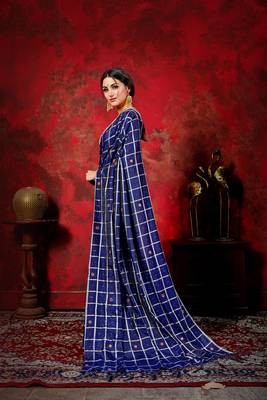 Navy blue woven silk blend saree with blouse 2