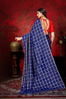 Navy blue woven silk blend saree with blouse 4