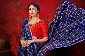 Navy blue woven silk blend saree with blouse 5