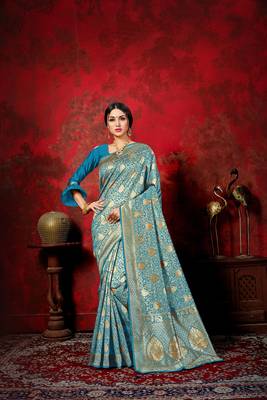 Blue woven banarasi silk saree with blouse 1