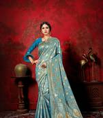 Blue woven banarasi silk saree with blouse