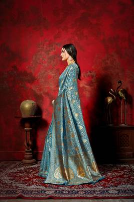 Blue woven banarasi silk saree with blouse 2