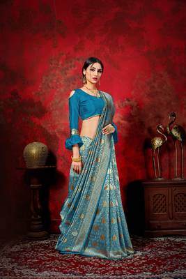 Blue woven banarasi silk saree with blouse 3