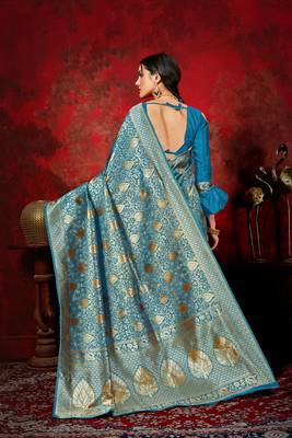 Blue woven banarasi silk saree with blouse 4