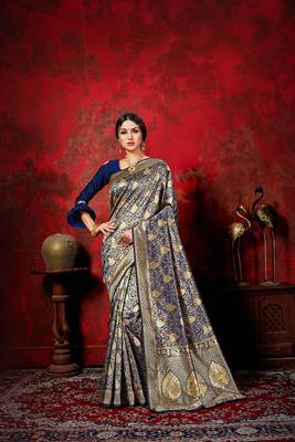 Navy blue woven banarasi silk saree with blouse 1