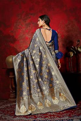 Navy blue woven banarasi silk saree with blouse 4