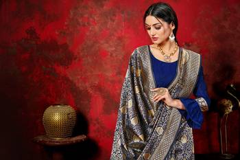 Navy blue woven banarasi silk saree with blouse 5