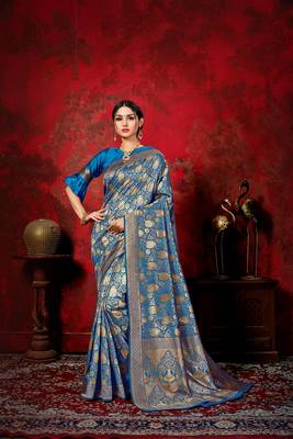 Blue woven banarasi silk saree with blouse 1