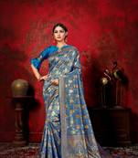 Blue woven banarasi silk saree with blouse