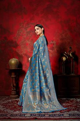 Blue woven banarasi silk saree with blouse 2
