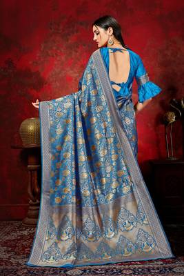 Blue woven banarasi silk saree with blouse 3