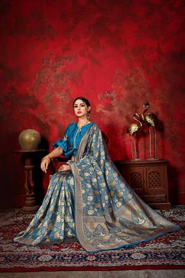 Blue woven banarasi silk saree with blouse 4