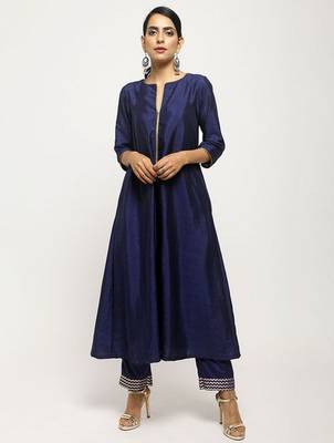 Dark-blue plain silk long-kurtis 1