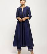 Dark-blue plain silk long-kurtis