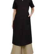 Black plain cotton long-kurtis
