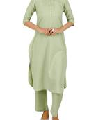 Green plain cotton long-kurtis