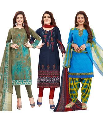 Women's Pack Of 3 Multicolor Synthetic Printed Unstitched Dress Material Combo 1