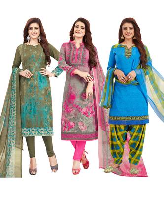 Women's Pack Of 3 Multicolor Synthetic Printed Unstitched Dress Material Combo 1