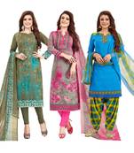 Women's Pack Of 3 Multicolor Synthetic Printed Unstitched Dress Material Combo