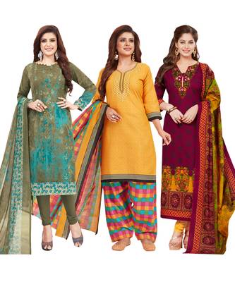 Women's Pack Of 3 Multicolor Synthetic Printed Unstitched Dress Material Combo 1