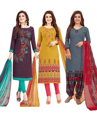 Women's Pack Of 3 Multicolor Synthetic Printed Unstitched Dress Material Combo 1
