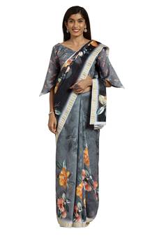 Black Printed Cotton Saree With Blouse