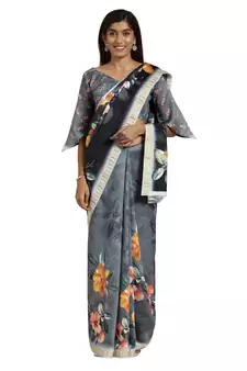 Black Printed Cotton Saree With Blouse