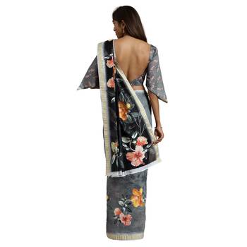 Black Printed Cotton Saree With Blouse 2
